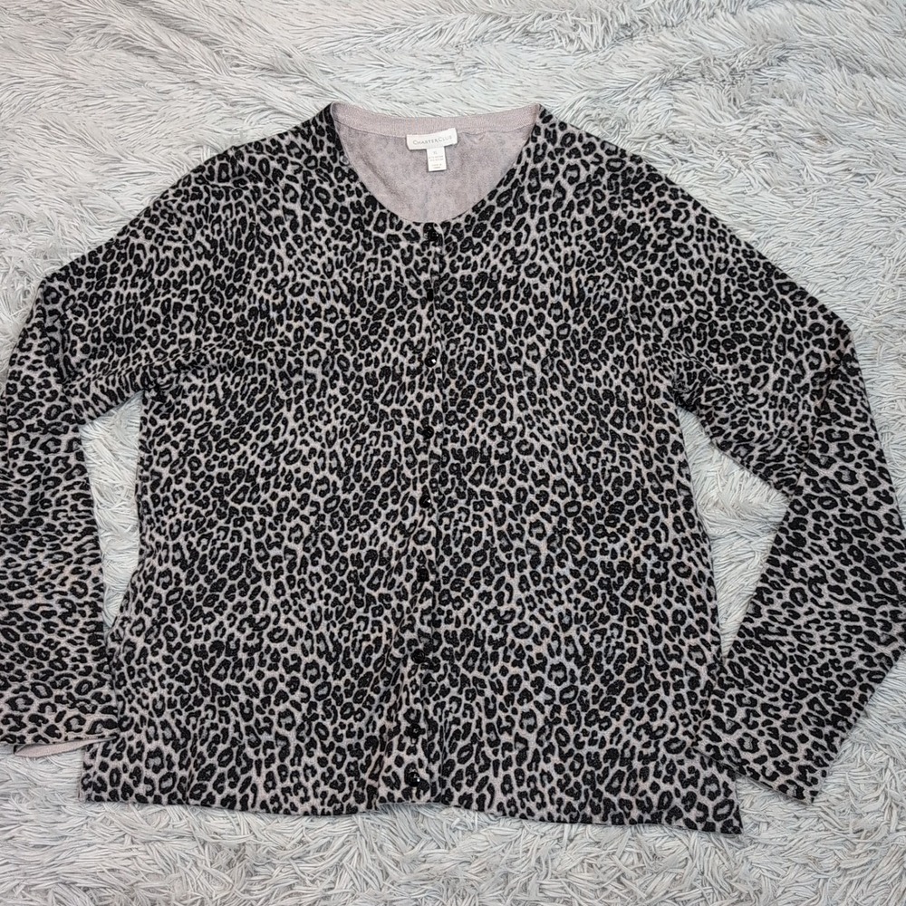 Charter Club Shirt Womens XL Gray Button Up Animal Print Stretch Comfort Casual